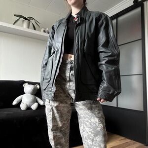 Vintage Oversized Grey Leather Bomber Jacket